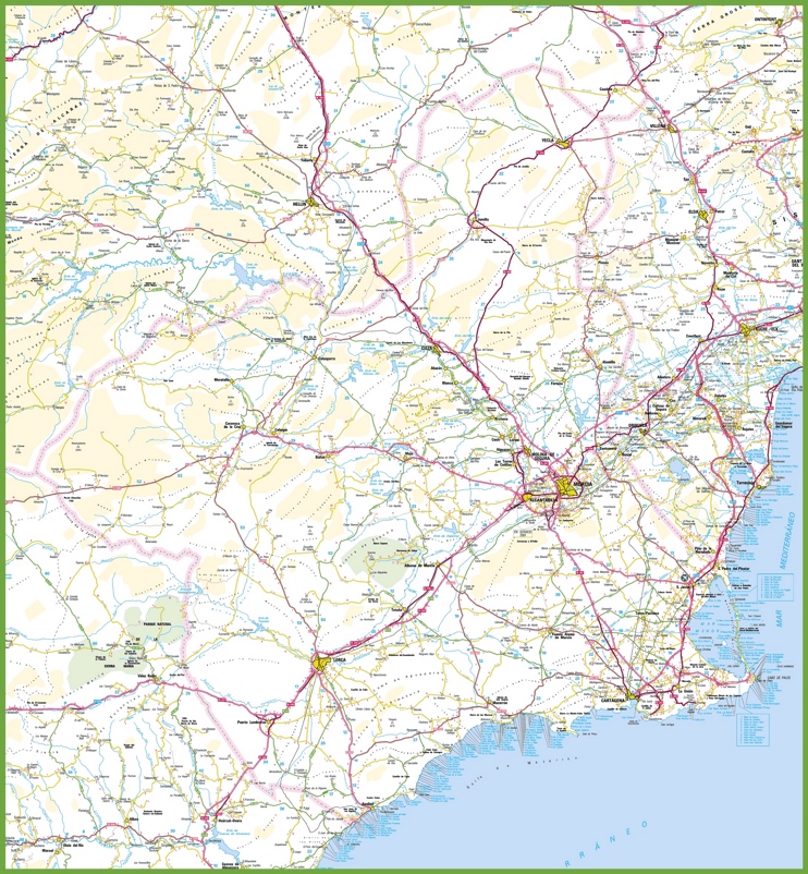 Gran mapa detallado de Región de Murcia con ciudades y pueblos