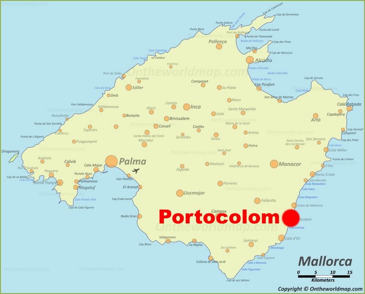 Portocolom en el mapa de Mallorca