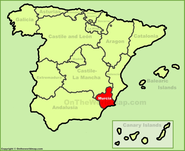 Región de Murcia en el mapa de España