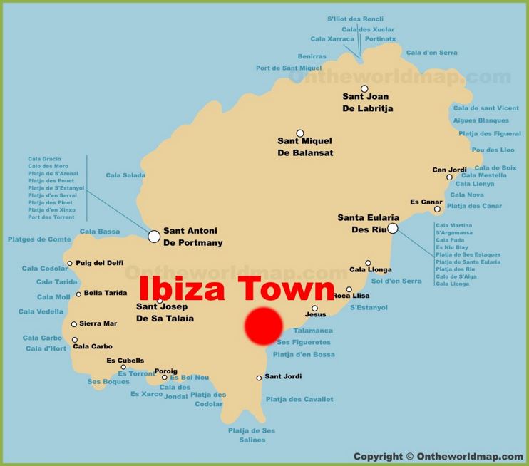 Ibiza (ciudad) en el mapa de la isla de Ibiza