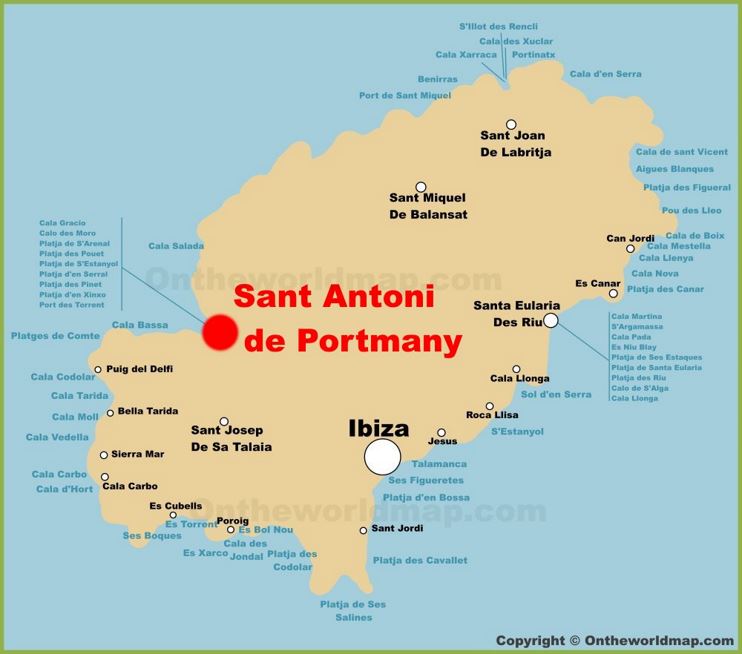 Sant Antoni de Portmany en el mapa de Ibiza