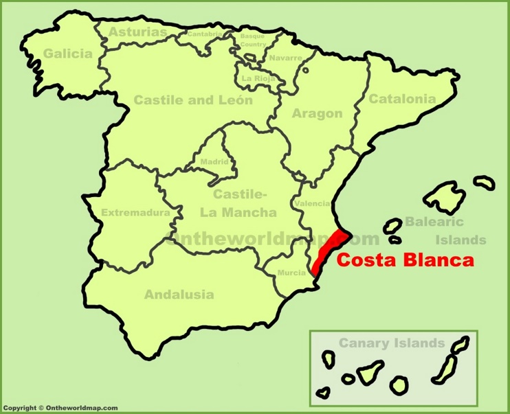 Costa Blanca en el mapa de España
