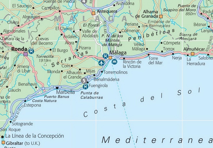 Mapa de Costa del Sol con ciudades y pueblos