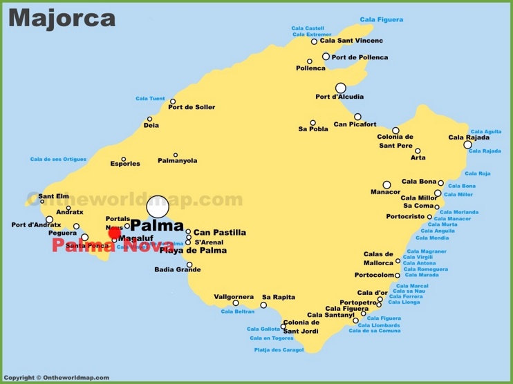 Palmanova en el mapa de Mallorca
